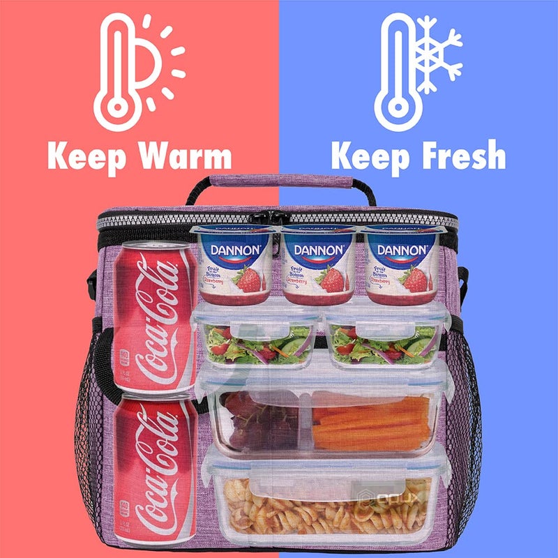 opux Insulated Lunch Bag for Men Women, Leakproof Heather Purple Lunch Box for Work, Portable Soft Lunch Cooler Bag with Shoulder Strap, Adult Lunchbox Lunch Pail for Kid Boy Girl School, 18 Can/10L - Image 2